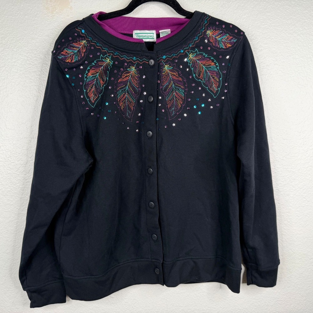 NWT Shenanigans Womens Cardigan Black Sz L Embroidered Feathers 90's Grandma VTG
